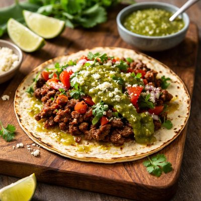 Taco com carne moída e molho verde