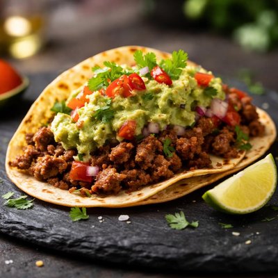Taco with guacamole and meat