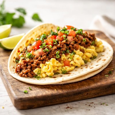 Taco con huevo revuelto y carne molida