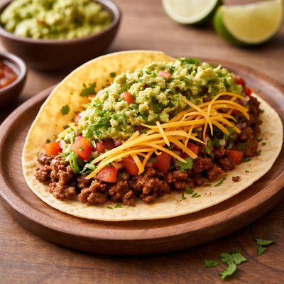 Taco with shredded cheese and guacamole