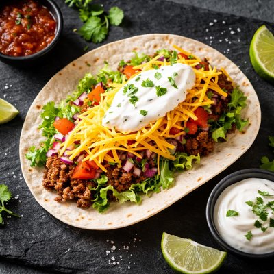 Taco with shredded cheese and sour cream