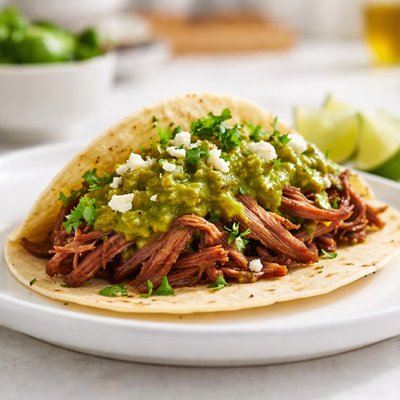Taco de carne deshebrada con salsa verde