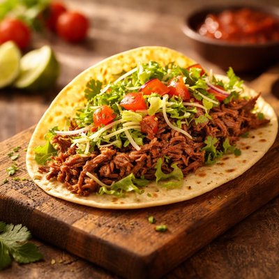 Taco with shredded meat and lettuce
