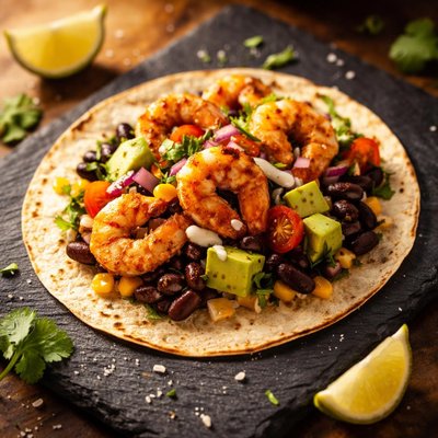 Taco with shrimp and black beans