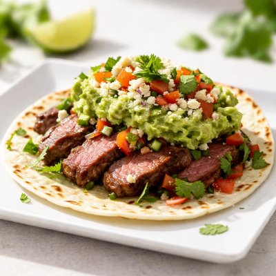 Taco with steak and guacamole