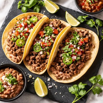 Tacos con hamburguesa y frijoles refritos