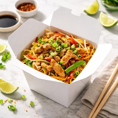 Takeaway vegan chicken chow mein