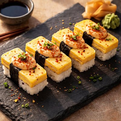 Tamago sushi with spicy mayo