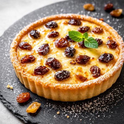 Tart with cream and raisins