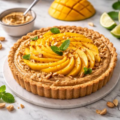 Tart with peanut butter and mango