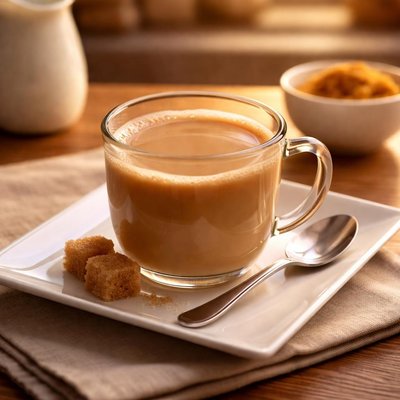 Tea made in milk and sugar