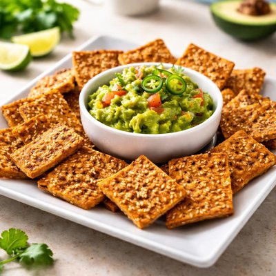 Tempeh chips with guacamole