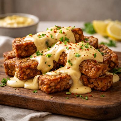 Tempeh with cheese sauce