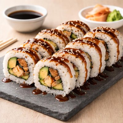 Teriyaki chicken and avocado sushi roll