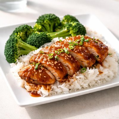 Teriyaki chicken rice and broccoli