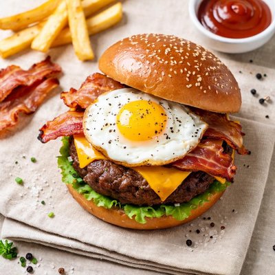 Texas burger with fried egg and bacon