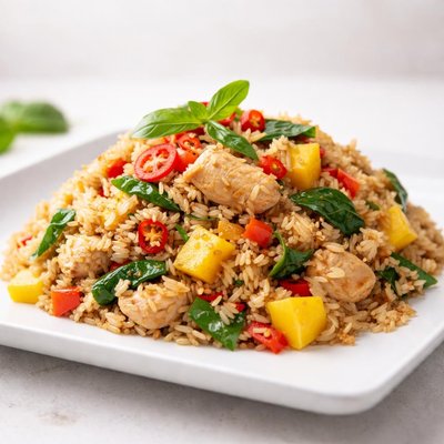 Thai basil fried rice with chicken and mango