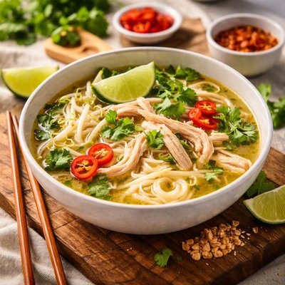 Thai chicken rice noodle soup