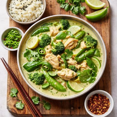 Thai green chicken curry with green vegetables