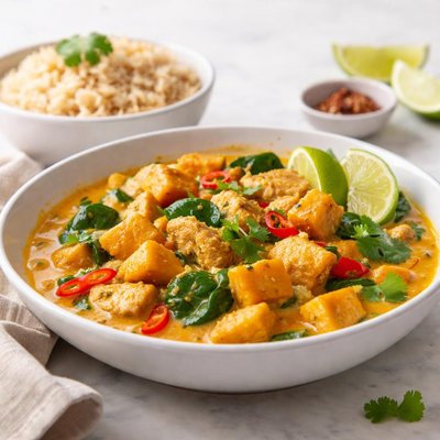 Curry de calabaza tailandés con pollo y acompañamiento de arroz integral