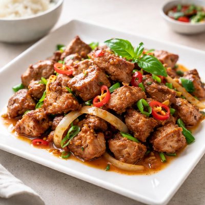 Thai stir fried pork pieces