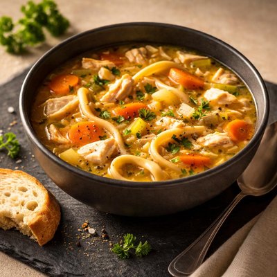 Thick chicken noodle soup