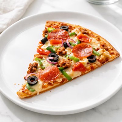 Thin crust califlower supreme pizza slice