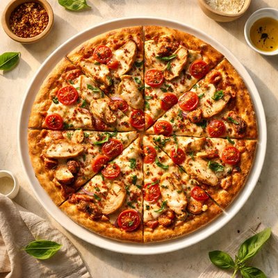 Thin crust chicken pizza