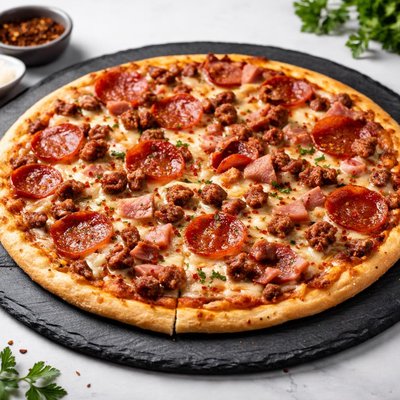 Thin crust meat lovers pizza