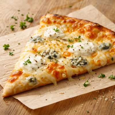 Thin crust pizza four cheese artisanal slice