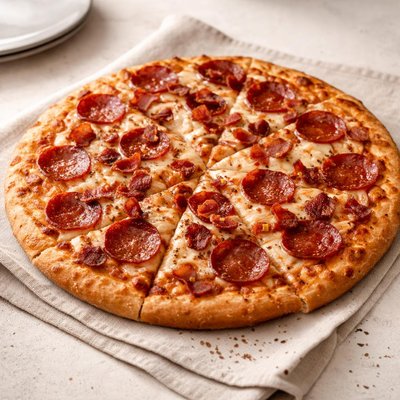 Thin crust pizza with bacon and pepperoni