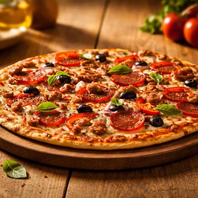 Thin crust pizza with meat and veggies