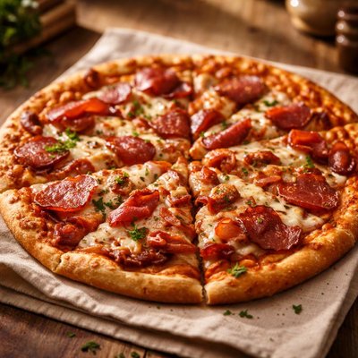 薄饼披萨配烟熏肉和奶酪