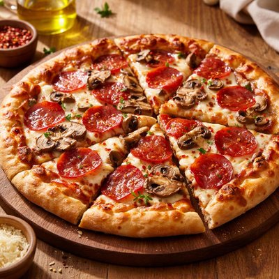 Thin slice pepperoni and mushroom pizza