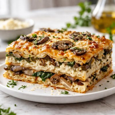 Three cheese and mushroom vegetarian lasagna