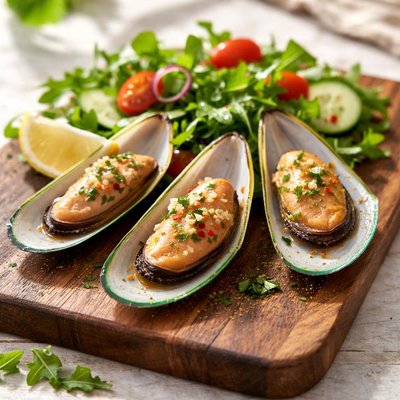Three green lip mussels with green salad