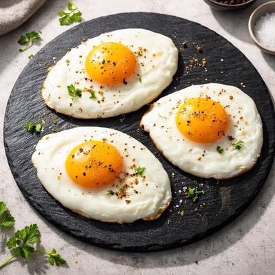 Three large eggs cooked over medium