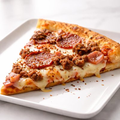 Tres carnes pizza rebanada