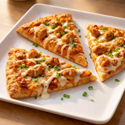 Three slices of toppers buffalo chicken pizza