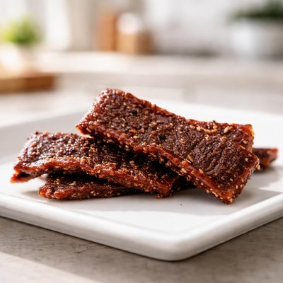 Three small pieces of beef jerky