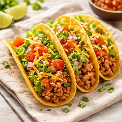 Three turkey tacos with cheese and lettuce
