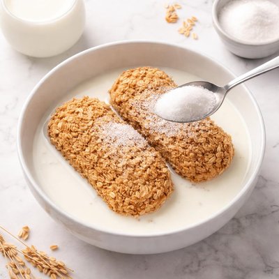 Three wheatbix with milk and a teaspoon of sugar