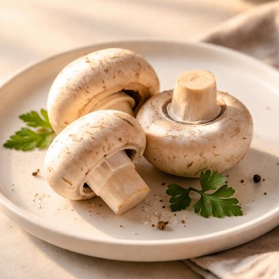 Three white mushrooms