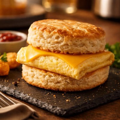 Tim hortons egg and cheese breakfast sandwich in a biscuit