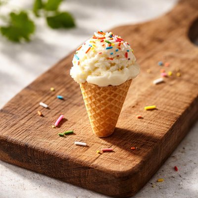 Tiny ice cream cone with ice cream