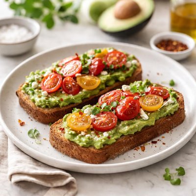 Toast with avocado and cherry tomatoes