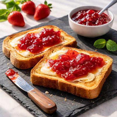 Toast with butter and strawberry jelly