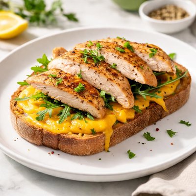 Toast with chicken fillet and cheddar cheese