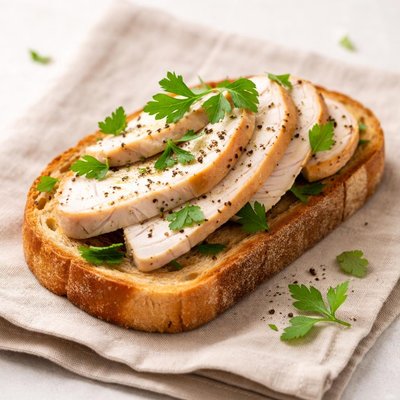 Toast with chicken slice and parsley