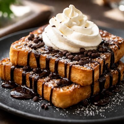 Toast with chocolate syrup and whipped cream